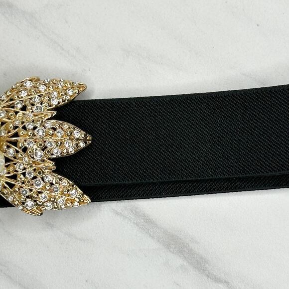 BCBGMAXAZRIA Faux Pearl Bow Black Stretch Belt S/M Cinch Waist Designer - Picture 11 of 16